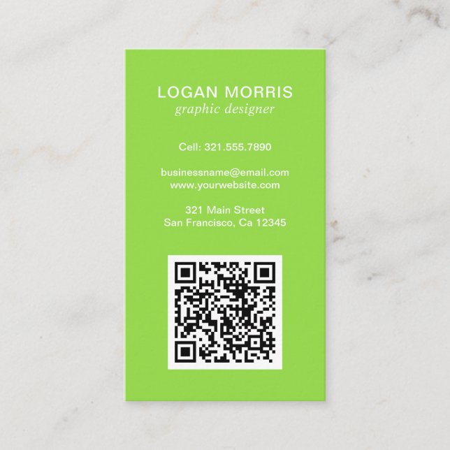 Simple Lime Green QR Code Modern Business Card (Front)