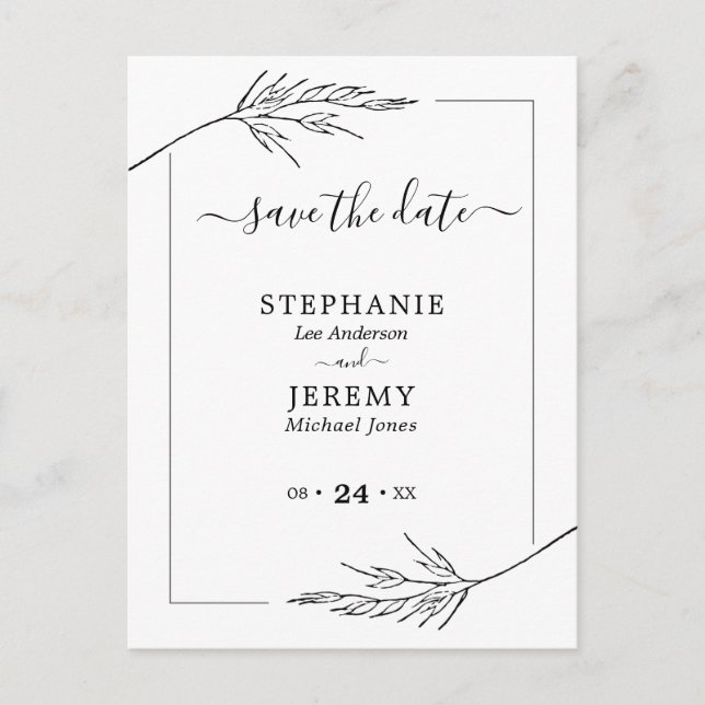 Simple Line Art Black & White Save the Date Postcard (Front)