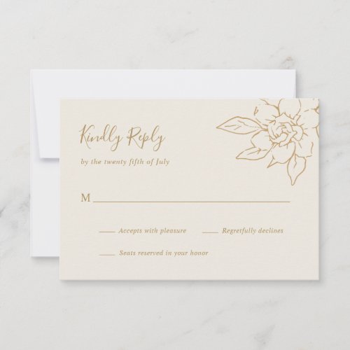 Simple Line Art Floral Gold Ivory Elegant Wedding RSVP Card