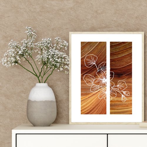 Simple Line Art Flower Leaf Rich Wood Background Poster