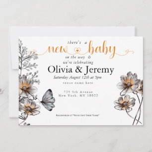Simple Line Art Terracotta Poppies Baby Shower Invitation