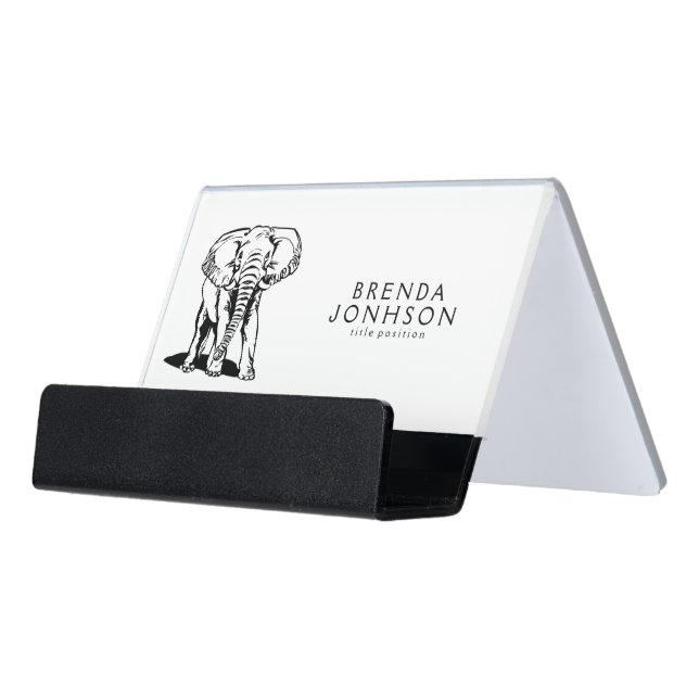 Simple Line Drawing Black Elephant Desk Business Card Holder (Angled Front)