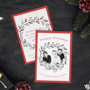 Simple Line Drawing Wreath Photo Christmas Card
