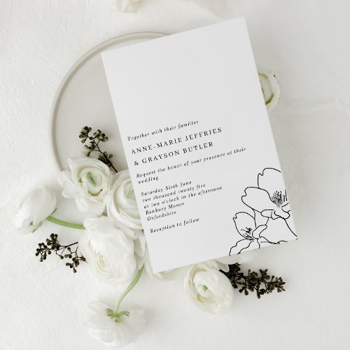 Simple Line Drawn Black and White Flowers Wedding Invitation