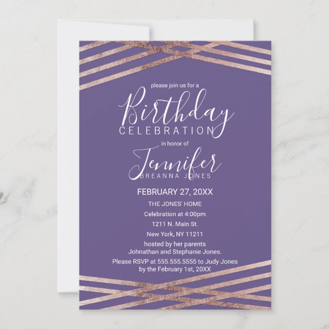 Simple Lined Rose Gold Violet Birthday Party Invitation (Front)