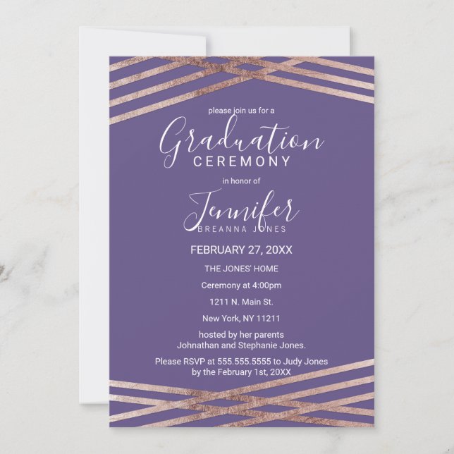 Simple Lined Rose Gold Violet Graduation Ceremony Invitation (Front)