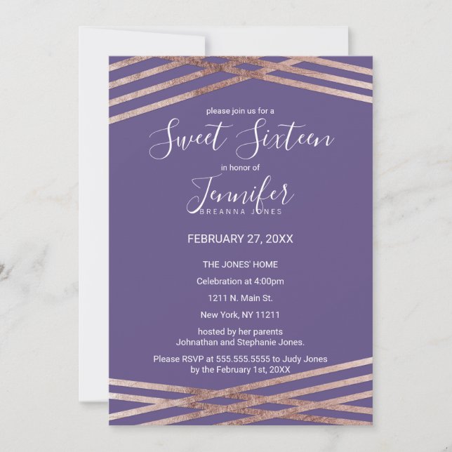 Simple Lined Rose Gold Violet Sweet 16 Invitation (Front)