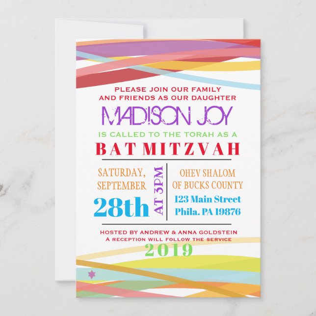 Simple Lines Bat Bar Mitzvah Invitation (Front)