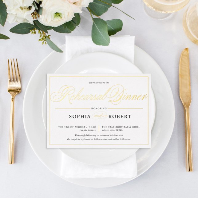 Simple Lines Calligraphy Elegant Rehearsal Dinner Foil Invitation (Creator Uploaded)