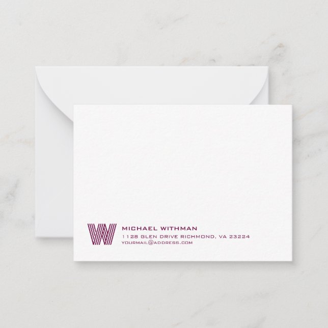 Simple Lines Monogram Initial Name Classic WINE Note Card (Front)