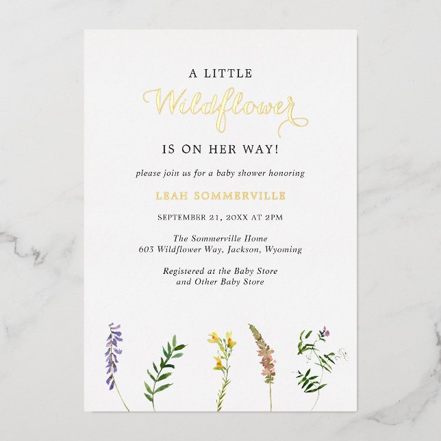 Simple Little Wildflower Girl Baby Shower Gold Foil Invitation (Front)