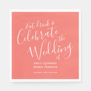 Simple living coral and white wedding napkins