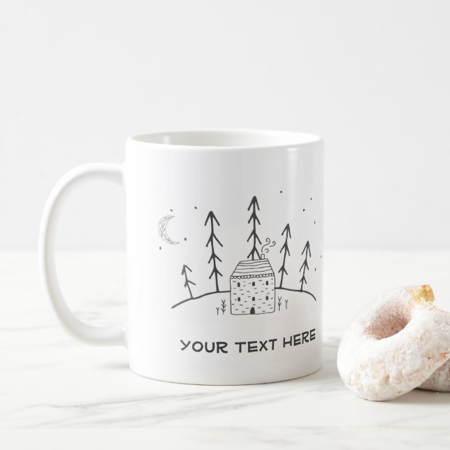 Simple Log Cabin Lake House Woods Custom Text Mug (With Donut)