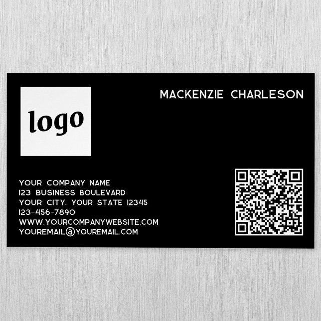 Simple Logo and QR Code Black Business Card Magnet (Logo QR code with custom text black magnet business card)