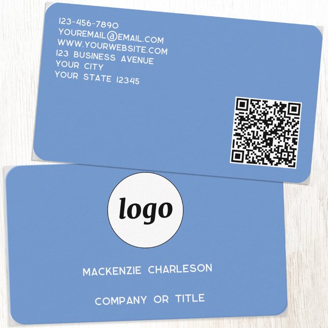 Simple Logo and QR Code Blue Business Card (Logo QR code custom blue business card)