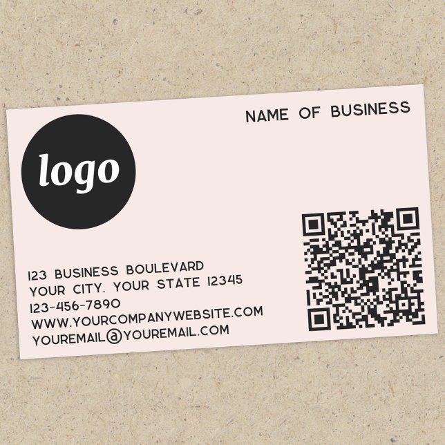 Simple Logo and QR Code Blush Pink Rectangular Sticker (Logo QR code with custom text business promotional sticker)