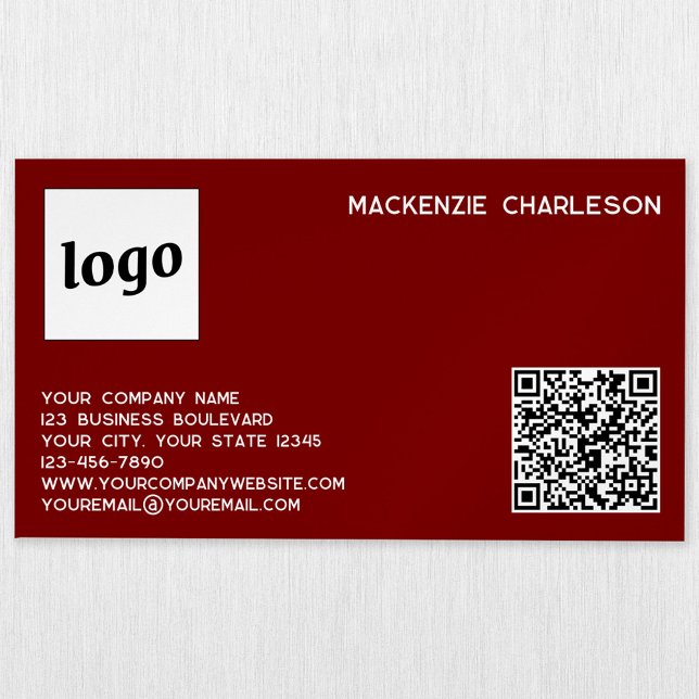 Simple Logo and QR Code Burgundy Red Business Card Magnet (Simple logo with custom text business branding promotional magnetic business card dark burgundy red)