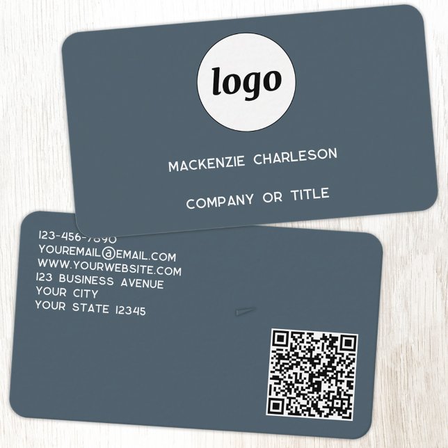 Simple Logo and QR Code Charcoal Gray Business Card (Simple logo with custom text business branding promotional charcoal gray business card)