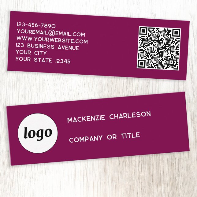 Simple Logo and QR Code Cherry Pink Magenta Mini Business Card (Simple logo QR code custom text professional branding mini business card dark cherry pink magenta)