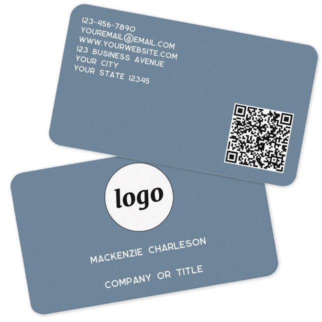 Simple Logo and QR Code Dusty Blue Gray Business Card (Logo with QR code custom text blue gray professional business card)
