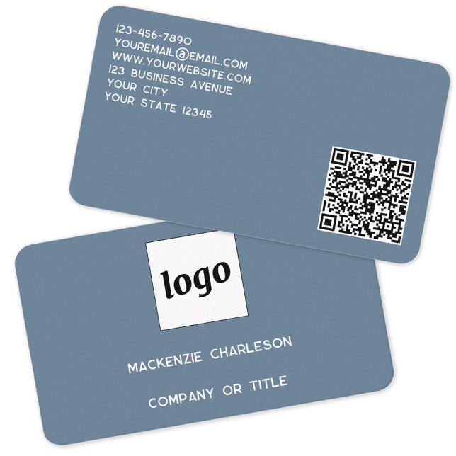 Simple Logo and QR Code Dusty Blue Gray Business Card (Logo QR code with custom text blue gray professional business card)