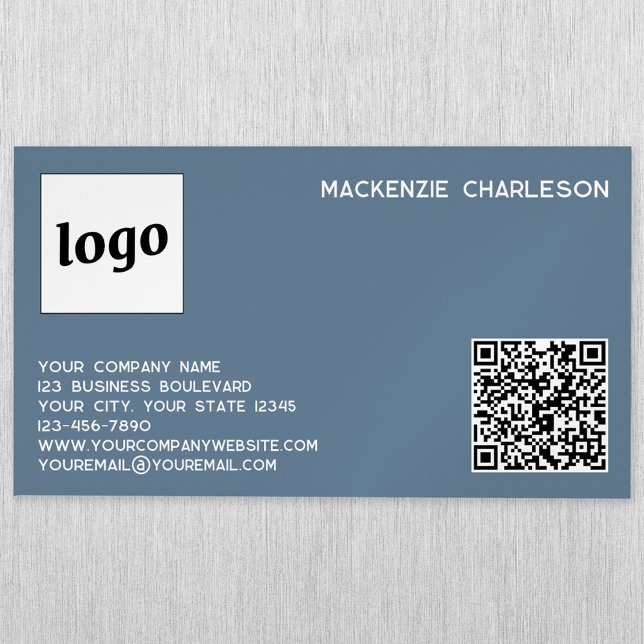 Simple Logo and QR Code Dusty Blue Gray Business Card Magnet (Logo QR code with custom text blue gray professional magnetic business card)