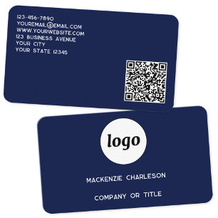 Simple Logo and QR Code Navy Blue Business Card