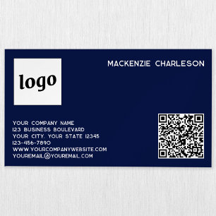 Simple Logo and QR Code Navy Blue Business Card Magnet
