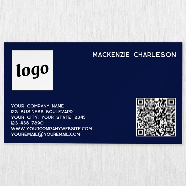 Simple Logo and QR Code Navy Blue Business Card Magnet (Simple logo with custom text and QR code professional navy blue magnetic business card)