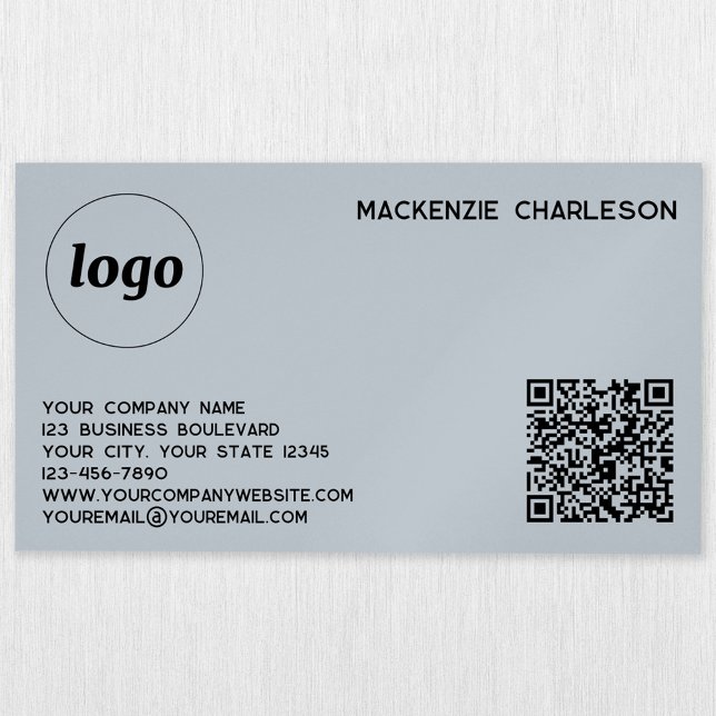 Simple Logo and QR Code Powder Blue Business Card Magnet (Modern simple logo with QR code and custom text professional powder blue magnetic business card)