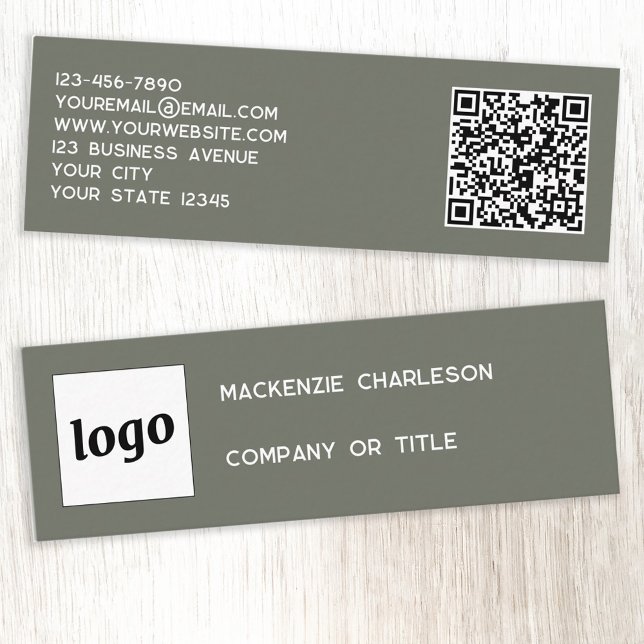Simple Logo and QR Code Sage Green Mini Business Card (Logo QR code with custom text sage green minimalist modern mini business card)