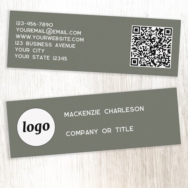 Simple Logo and QR Code Sage Green Mini Business Card (Logo QR code with custom text sage green minimalist modern business card)