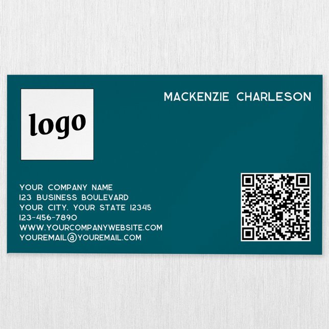Simple Logo and QR Code Teal Green Business Card Magnet (Simple logo with custom text business branding promotional magnetic business card teal green)