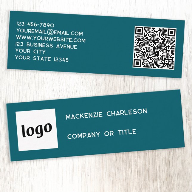 Simple Logo and QR Code Teal Green Mini Business Card (Simple logo QR code custom text professional branding mini business card teal green)