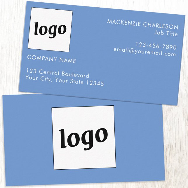 Simple Logo and Text Blue Business Card (Simple logo with custom text professional branding sky blue business card)