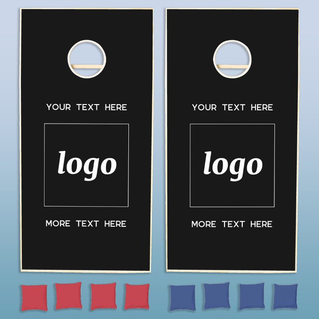 Simple Logo and Text Business Branding Black Cornhole Set (Simple logo with custom text business branding promotional black and white cornhole set)
