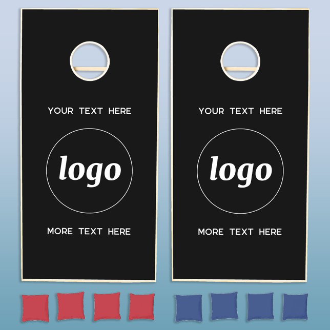 Simple Logo and Text Business Branding Black Cornhole Set (Simple logo with custom text business branding promotional black and white cornhole set)