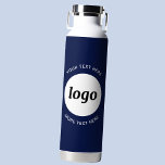 Simple Logo and Text Business Navy Blue Water Bottle<br><div class="desc">Simple logo and custom text design to foster brand loyalty and promote your small business.  Replace the logo with your own,  and change or delete the top and lower text to customize.  Perfect for promotional purposes and to give to employees,  customers and clients.</div>