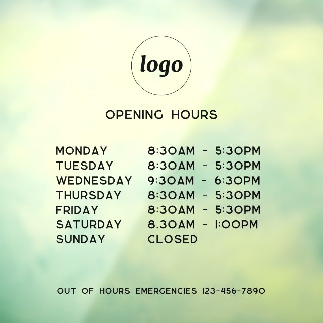 Simple Logo and Text Business Opening Hours Window Cling (Sheet 3)