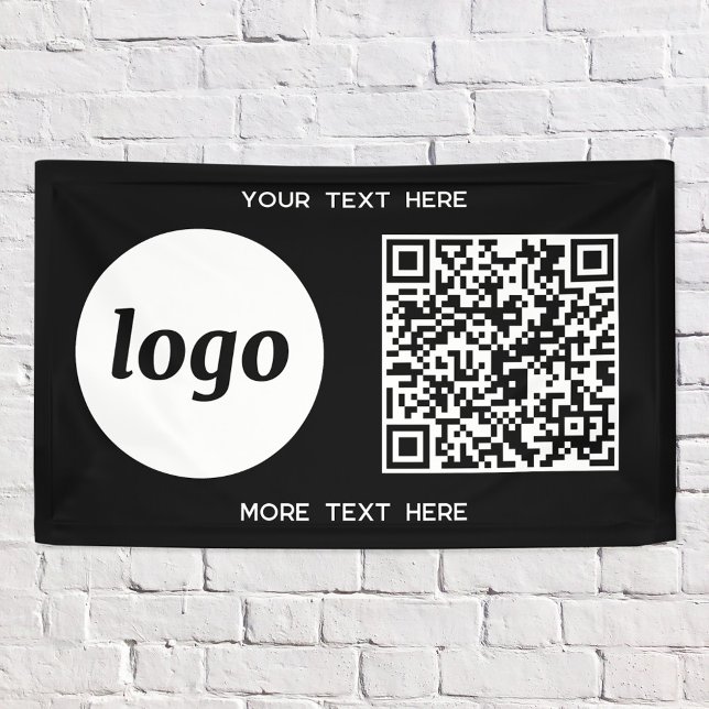 Simple Logo and Text Business QR Code Black Banner (Simple logo with custom text and QR code business branding promotional black and white banner)