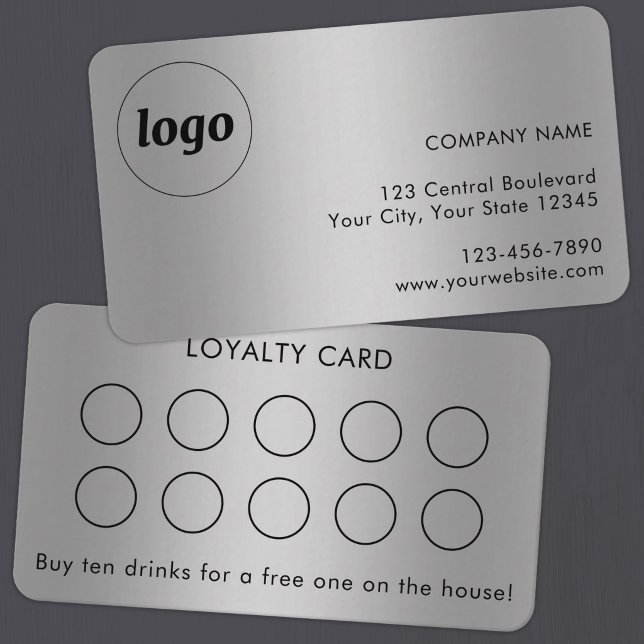 Simple Logo and Text Customer Loyalty Card Silver (Simple logo with custom text business branding promotional customer loyalty card with silver effect)
