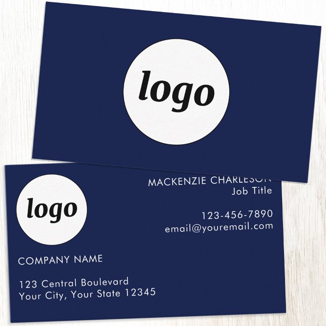 Simple Logo and Text Navy Blue Business Card (Logo with custom text professional navy blue business card)