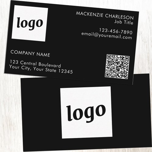 Simple Logo and Text QR Code Black Business Card