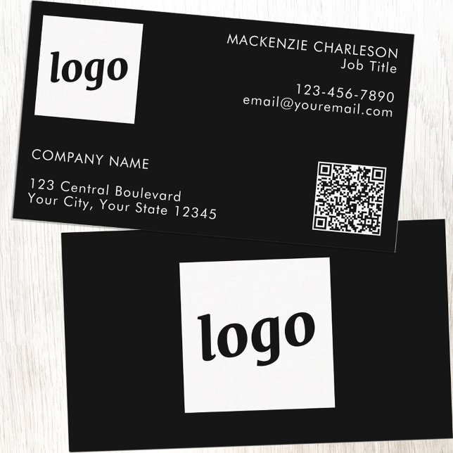 Simple Logo and Text QR Code Black Business Card (Logo with QR code and custom text black business cards)