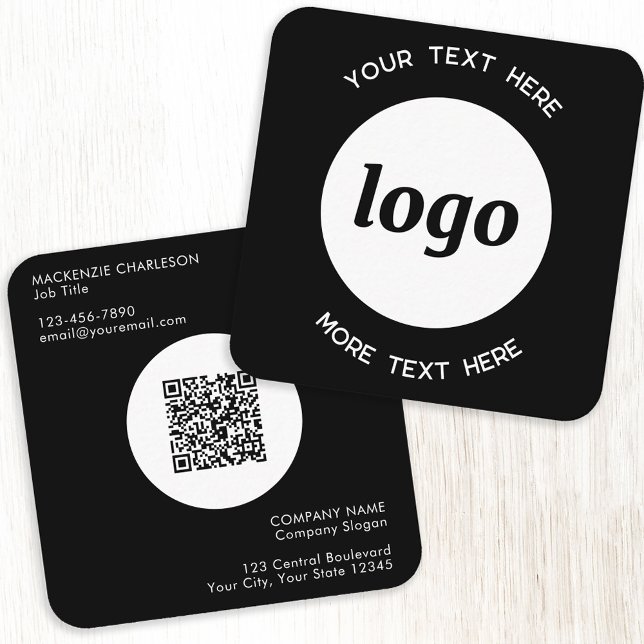Simple Logo and Text QR Code Black Square Business Card (Logo with QR code and custom text black square business card)