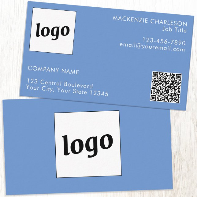 Simple Logo and Text QR Code Blue Business Card (Logo QR custom business card)