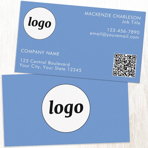 Simple Logo and Text QR Code Blue Business Card