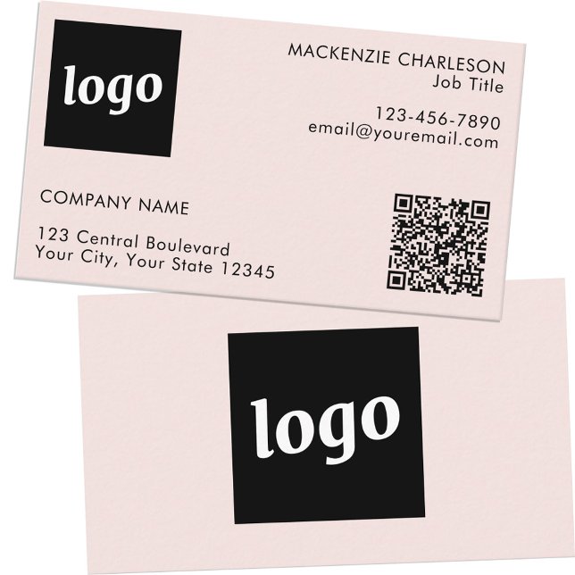 Simple Logo and Text QR Code Blush Pink Business Card (Logo QR code and text custom blush pink business cards)