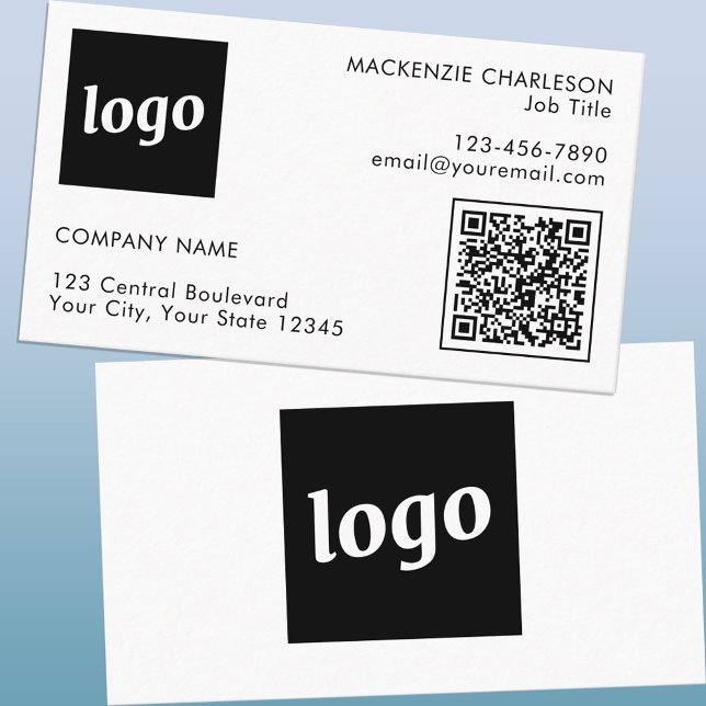Simple Logo and Text QR Code Business Card (Logo with QR code and custom text business cards)