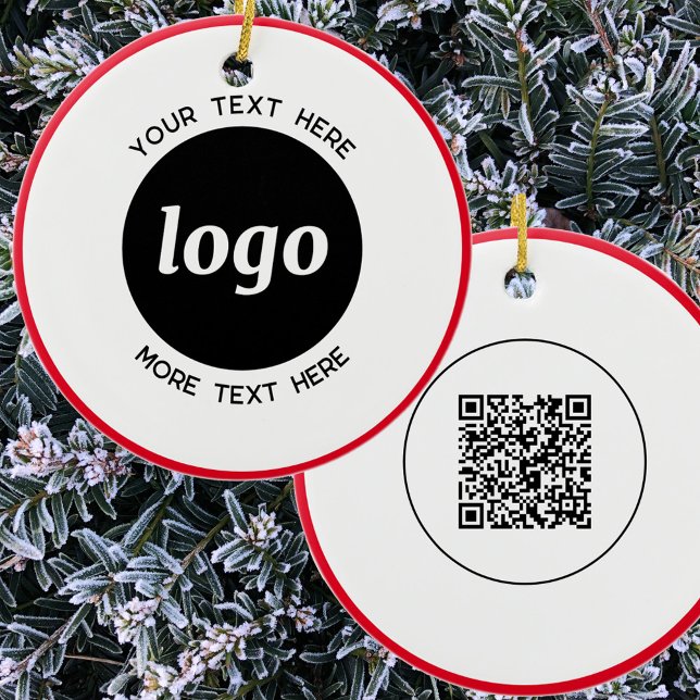 Simple Logo and Text QR Code Ceramic Ornament (Simple logo with custom text and QR code business branding promotional festive ornament)